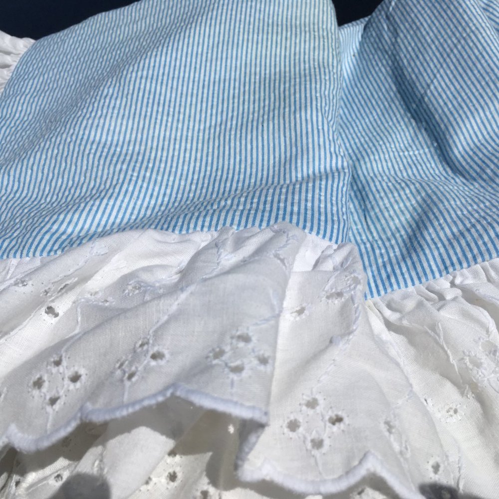 Vintage DUST RUFFLE bedskirt sham 3 pc set blue white seersucker cottagecore CK